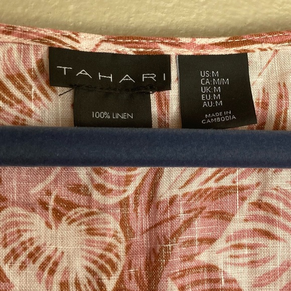 Tahari Linen Long Sleeve Floral Monstera Leaf Button V Neck - Picture 3 of 7